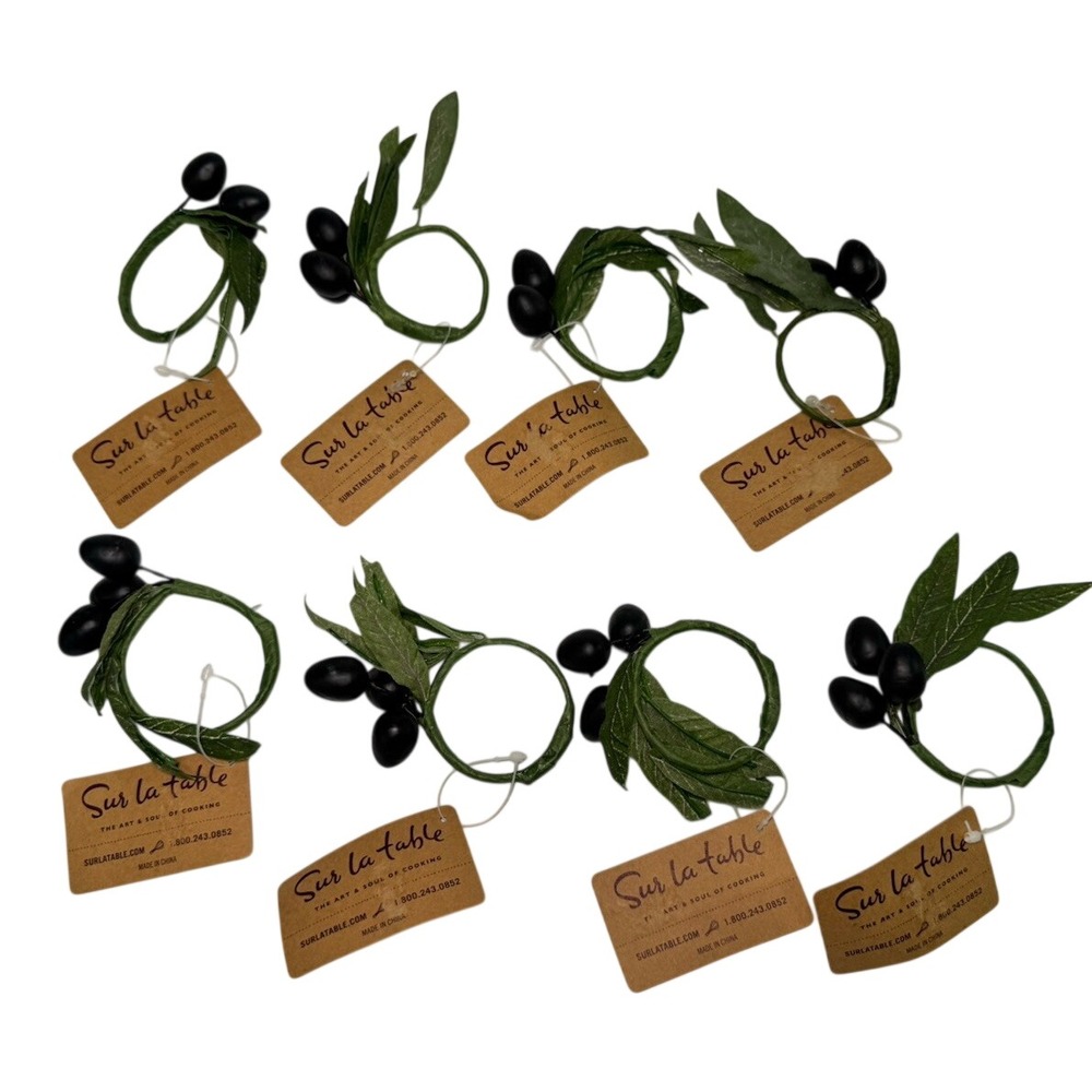Set of 8 Sur La Table Olive Napkin Rings Faux Olive Branch NEW